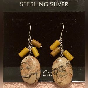Vintage Alex Carol Sterling Silver & Earth Tones Stone Dangle Pierced Earrings